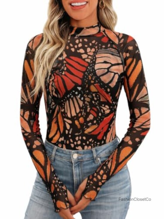 Tops - Sheer Floral Mesh Long Sleeve Mock Neck Top